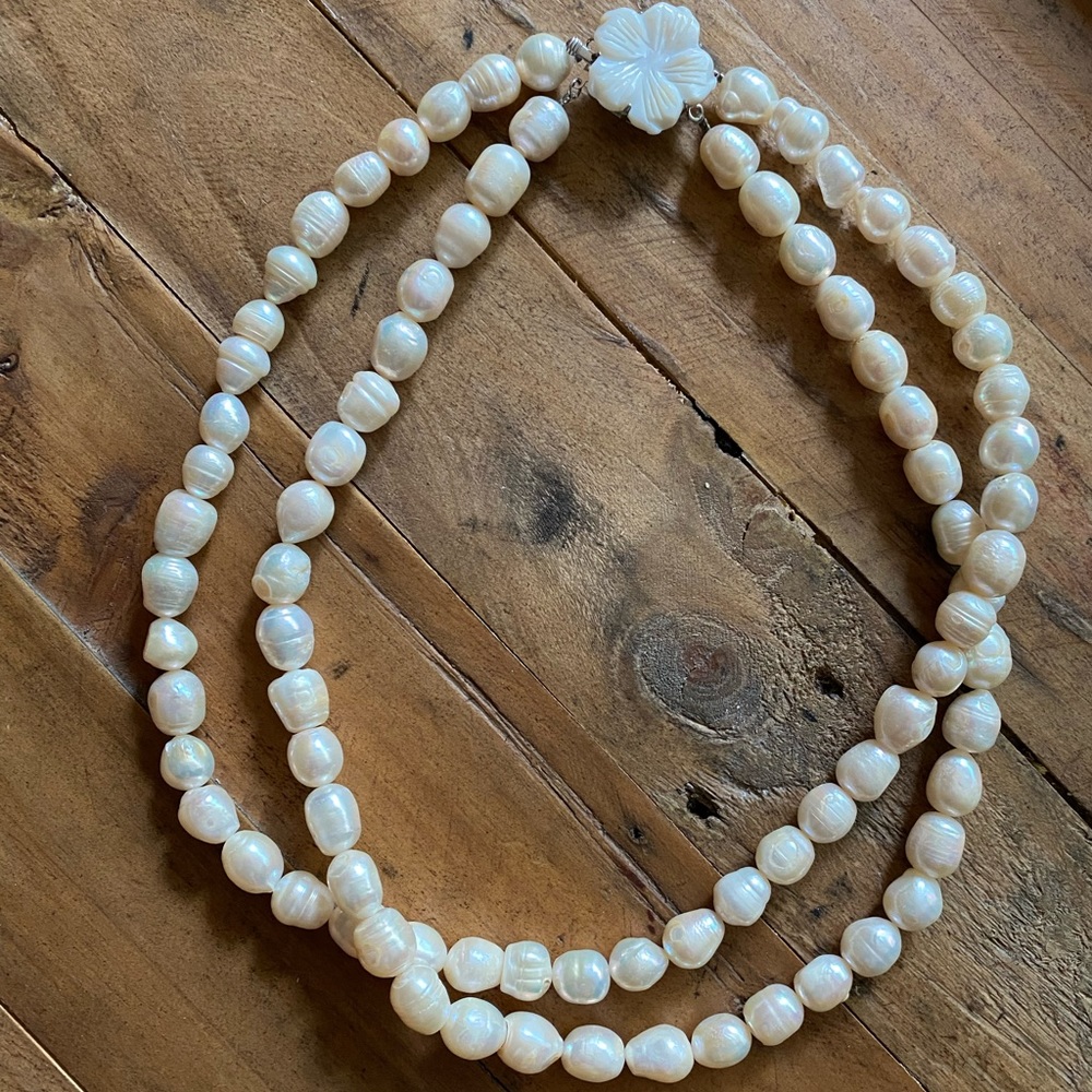 Salt Water Pearl Double Strand Necklace Sterling Silver Clasp EUC!